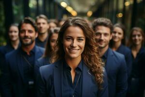 ai generativo grupo de contento negocio hombre y negocio mujer, vestido en trajes son sonriente, en el oficina foto