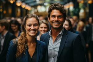 Ai Generative group of happy business man and business women, dressed in suits are smiling, in the office photo