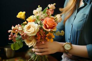 Floral artistry Careful hands fashion a lovely bouquet from a colorful assortment AI Generated photo