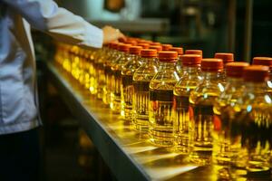 Factory production line efficiently filling bottles with refined sunflower seed oil AI Generated photo