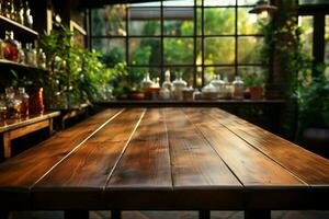 Blank wooden table amid caf blur ideal canvas AI Generated photo