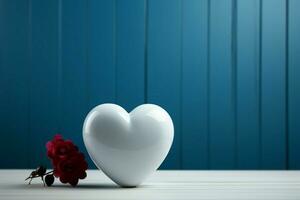 Empty white table against blue heart wall blur charming and captivating contrast AI Generated photo