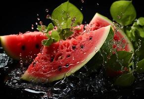 Ai Generative Photo water splashing on sliced of watermelon