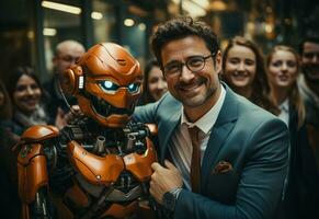 a man in a suit and tie standing next to a robot photo