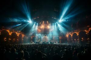 Ai generative Crowded Concert Stage Scenery With Spotlights and Colored Lights realistic image, ultra hd photo