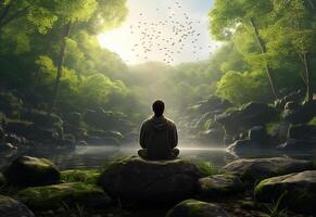 ai generative photo of a man practicing mindfulness and meditation in a peaceful natural environment sony A7s realistic image, ultra hd, high design very detailed