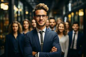 ai generativo grupo de contento negocio hombre y negocio mujer, vestido en trajes son sonriente, en el oficina foto