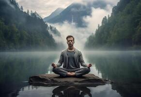 ai generative photo of a man practicing mindfulness and meditation in a peaceful natural environment sony A7s realistic image, ultra hd, high design very detailed