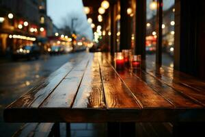 Night streets bokeh blur complements wooden table against blurred restaurant background AI Generated photo