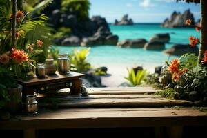 escaparate verano artículos en un de madera podio en medio de un tropical playa paraíso ai generado foto