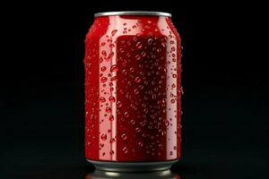 Red aluminum soda can descends, adorned with water droplets, on a black template AI Generated photo