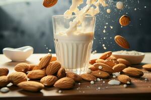 Almonds gracefully dance, tumbling into a milk filled cup amid breathtaking scenery AI Generated photo