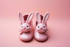 Whimsical hare shaped booties set against a soft pink canvas with copy space AI Generated photo