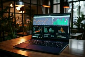 Laptop screen displays marketing graphs as startup employees work overtime in the office AI Generated photo