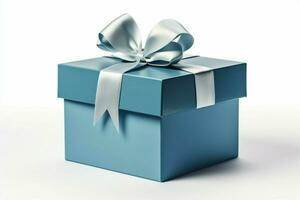 Unveiled blue gift box, elegant white bow, isolated against pristine white background. AI Generated photo