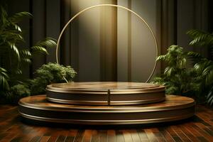 Sophisticated 3D podium with wooden tray, gold steel leg, and leafy shadows AI Generated photo