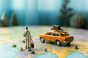 Miniature businessman, suitcase, and handbag sprint near a colorful world map and mini car AI Generated photo
