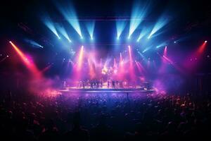 Ai generative Crowded Concert Stage Scenery With Spotlights and Colored Lights realistic image, ultra hd photo