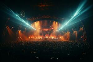 Ai generative Crowded Concert Stage Scenery With Spotlights and Colored Lights realistic image, ultra hd photo