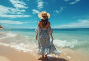 Ai generative young tourist woman in summer dress and hat standing on beautiful sandy beach. Cute girl enjoying photo