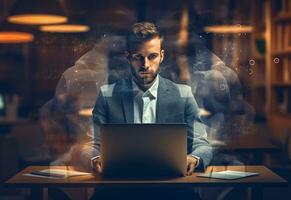 ai generativo doble exposición foto de un negocio hombre utilizando ordenador portátil en su escritorio frente ver oficina antecedentes