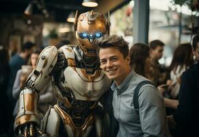 a man in a suit and tie standing next to a robot photo