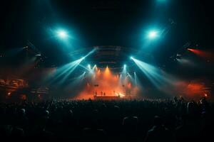 Ai generative Crowded Concert Stage Scenery With Spotlights and Colored Lights realistic image, ultra hd photo