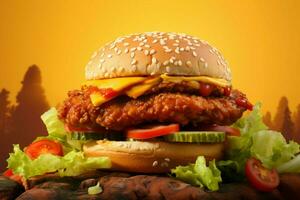 hamburguesa presentando pollo y verduras soportes fuera en un soleado amarillo fondo ai generado foto