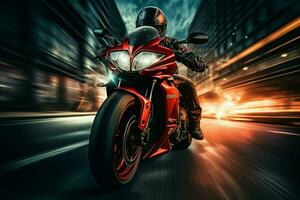 Motion blurred highway ride, biker on red motorcycle captivates in frontal perspective AI Generated photo