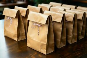 Rustic packaging  Brown paper bags placed artfully on the tabletop. AI Generated photo