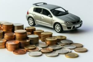 Intersection of finance and auto Car model, coins, calculator on white table AI Generated photo