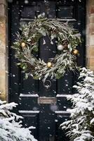 Christmas holiday, country cottage and snowing winter, wreath decoration on a door, Merry Christmas and Happy Holidays wishes, generative ai photo