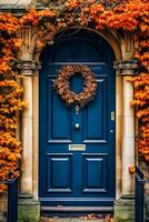 Autumn wreath decoration on a classic door entrance, welcoming autumn holiday season with autumnal decorations, generative ai photo
