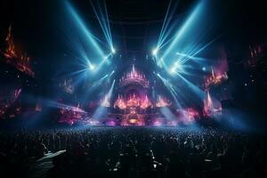 Ai generative Crowded Concert Stage Scenery With Spotlights and Colored Lights realistic image, ultra hd photo