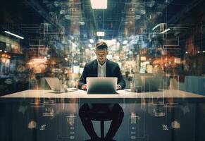 Ai Generative double exposure photo of a business man using laptop on his desk front view office background