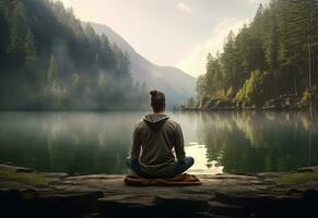 ai generativo foto de un hombre practicando atención plena y meditación en un pacífico natural ambiente sony a7s realista imagen, ultra alta definición, alto diseño muy detallado