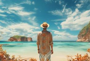 Ai generative back view young tourist man in summer dress and hat standing on beautiful sandy beach. enjoying. photo
