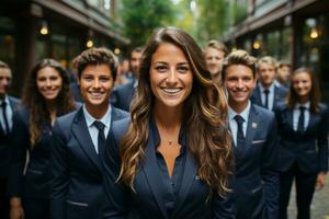 ai generativo grupo de contento negocio hombre y negocio mujer, vestido en trajes son sonriente, en el oficina foto