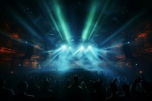 Ai generative Crowded Concert Stage Scenery With Spotlights and Colored Lights realistic image, ultra hd photo