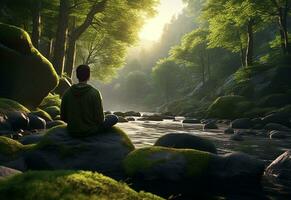 ai generativo foto de un hombre practicando atención plena y meditación en un pacífico natural ambiente sony a7s realista imagen, ultra alta definición, alto diseño muy detallado