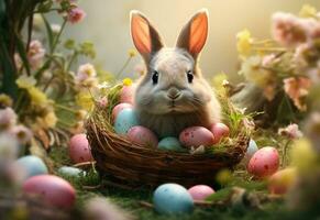 Ai generative photo happy bunny with many easter eggs on grass festive background for decorative design