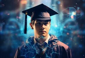 Ai Generative Double exposure photo of Young man with graduation cap technology background realistic image