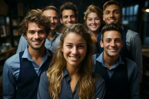 Ai Generative group of happy business man and business women, dressed in suits are smiling, in the office photo