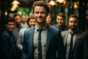 Ai Generative group of happy business man and business women, dressed in suits are smiling, in the office photo