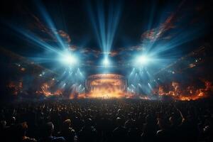 Ai generative Crowded Concert Stage Scenery With Spotlights and Colored Lights realistic image, ultra hd photo