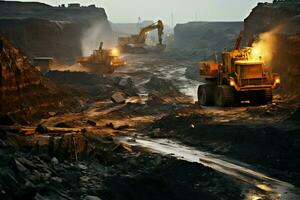 Mining site Numerous heavy trucks, excavators shape coal mine area, bustling with industry. AI Generated photo