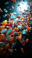 In flight medication pills disperse, a momentary pharmaceutical dance Vertical Mobile Wallpaper AI Generated photo