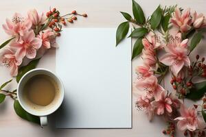 Fresh flowers, coffee, and notepad arranged on a white background AI Generated photo