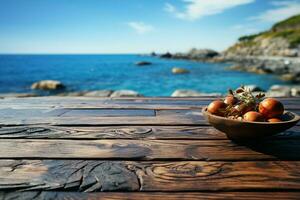 Summer allure Wooden table on blue sea background for culinary or wellness AI Generated photo