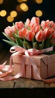 A delightful combination tulip flowers and gift box on rustic tabletop Vertical Mobile Wallpaper AI Generated photo